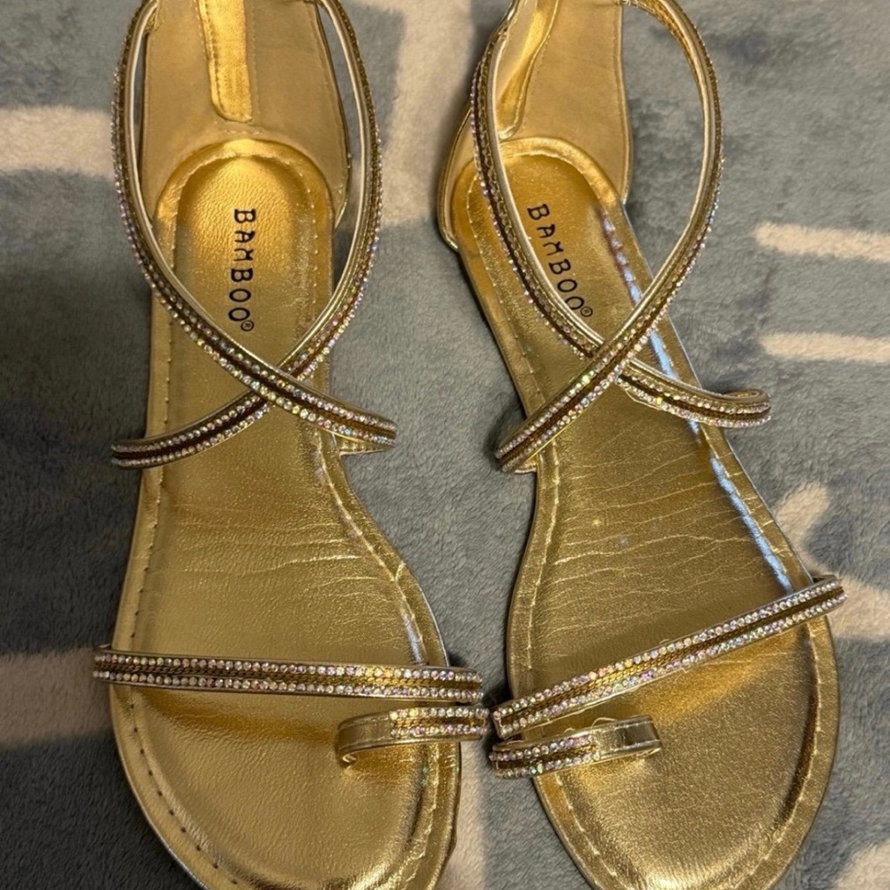 BAMBOO Metallic Gold Rhinestone Strappy Sandals